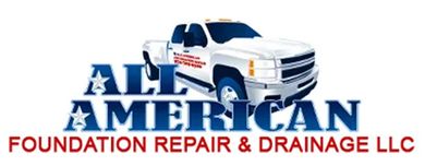 Logo for All American Foundation Repair & Drainage LLC, with a white truck and blue text.