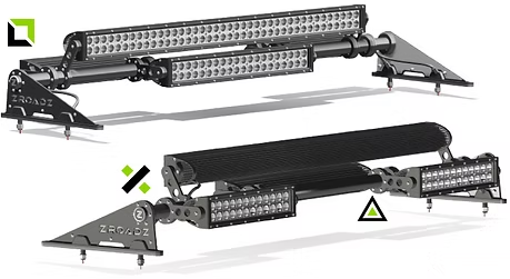 Two black LED light bars with brackets mounted on a car. The lights are angled and mounted on an object with triangular feet.