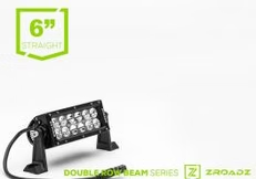 Black LED light bar with mounting brackets. Text indicates it is a 6-inch straight, double-row beam series.