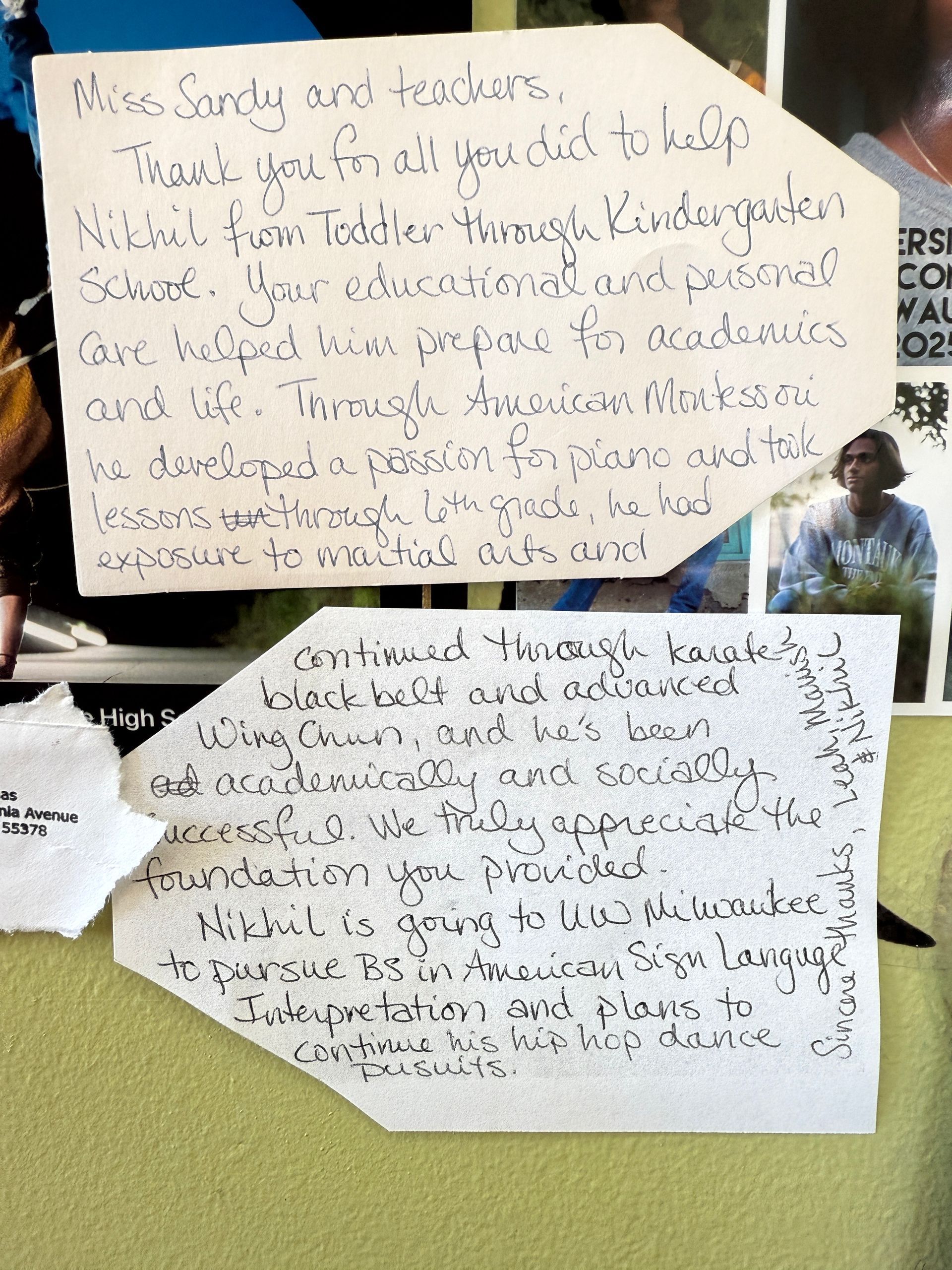 Two handwritten notes on a wall. One thanks teachers for helping students.