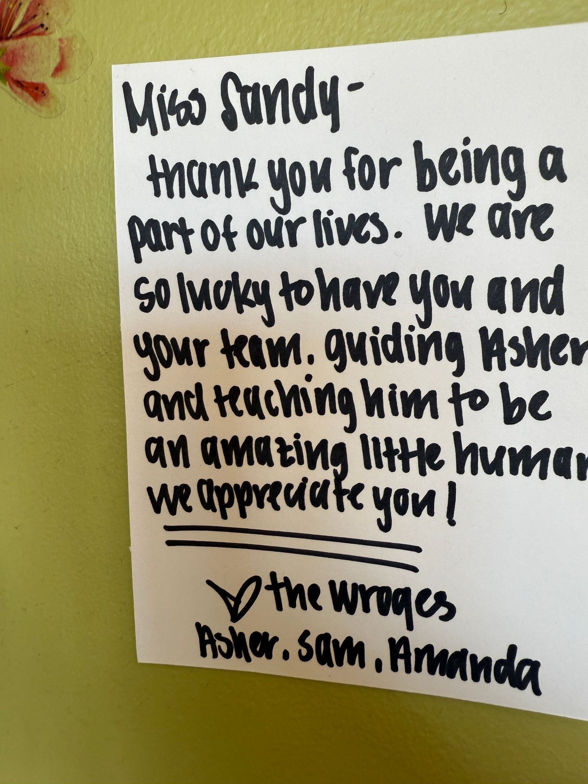 Handwritten thank you note to 