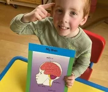 Young child points to head, holding a diagram of a brain, smiling.