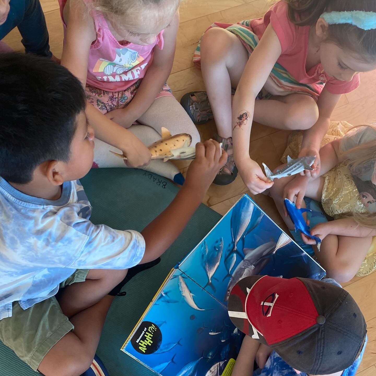 Children sit in a circle, playing with toy sharks and a book with a sea-themed illustration.
