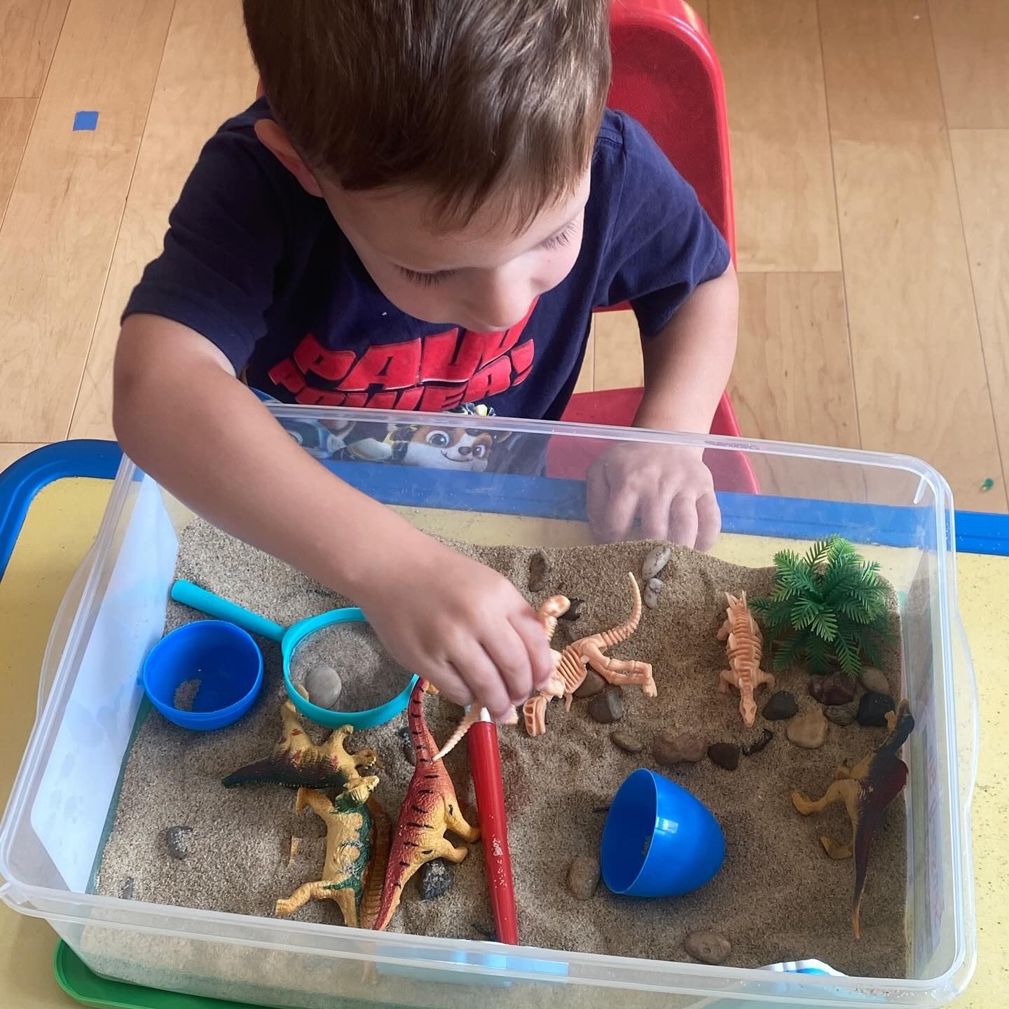 Boy playing with toy dinosaurs in a sandbox at a table.