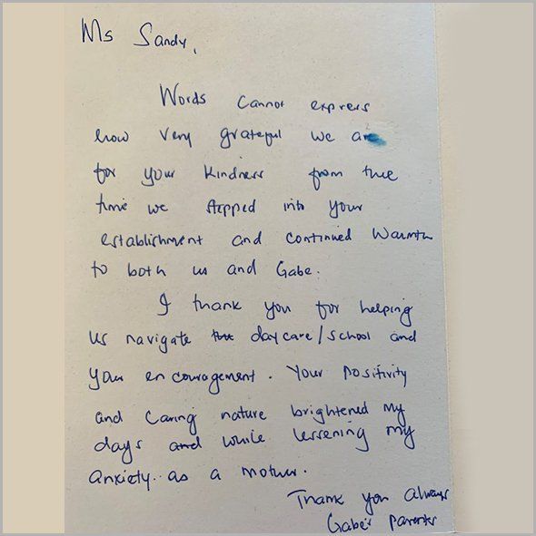 Handwritten thank you note to Ms. Sandy expressing gratitude for her kindness and help with daycare and school.