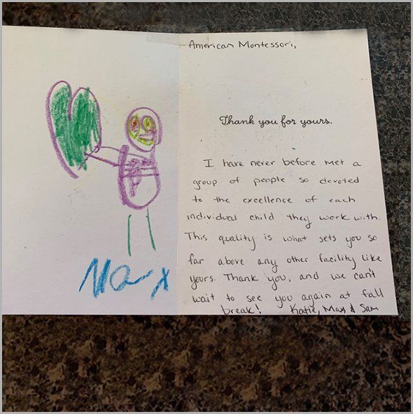 A thank-you note with a child's drawing. It features a figure holding a green heart. Text includes, “Thank you for yours” and “Max.”