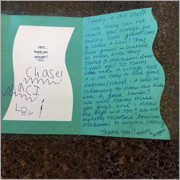 A turquoise greeting card with handwritten message of appreciation. Mentions Chase, learning, and childcare.