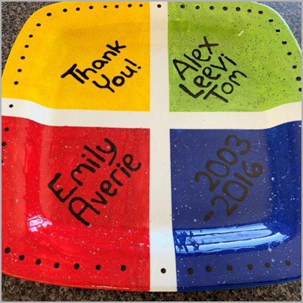 Square plate divided into four colored sections, handwritten names & dates: 