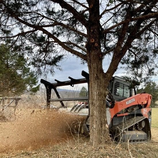 A bulldozer is cutting down a tree in a field