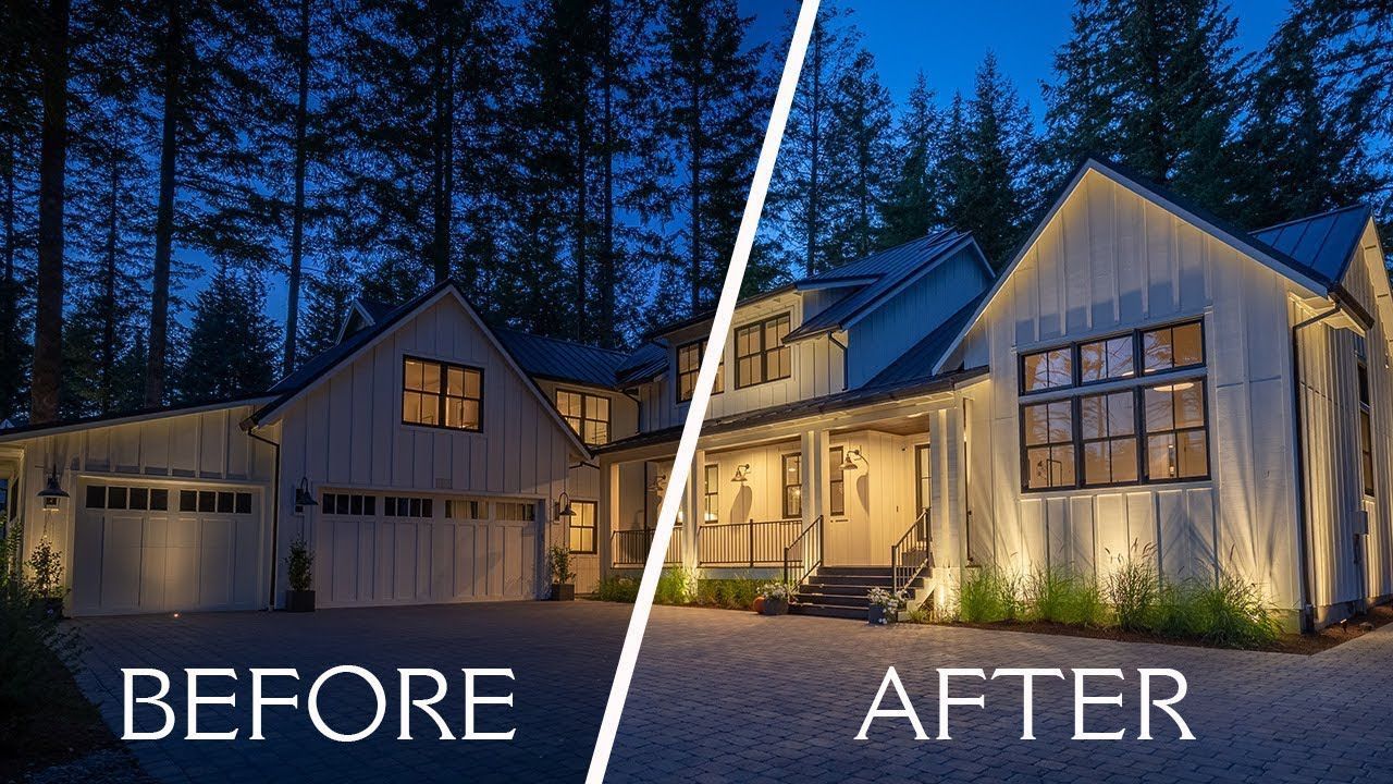 A before and after photo of a house with and without landscape lighting