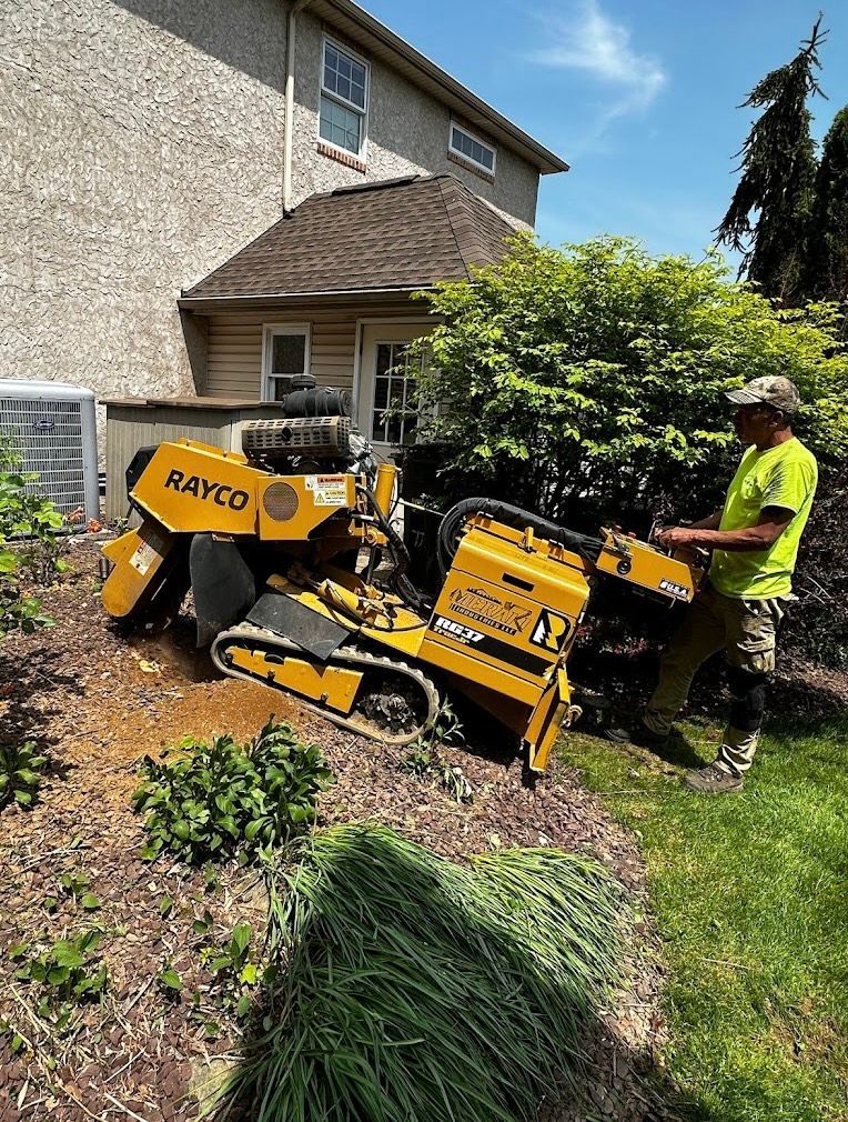 A man is standing next to a stump grinder in a yard.