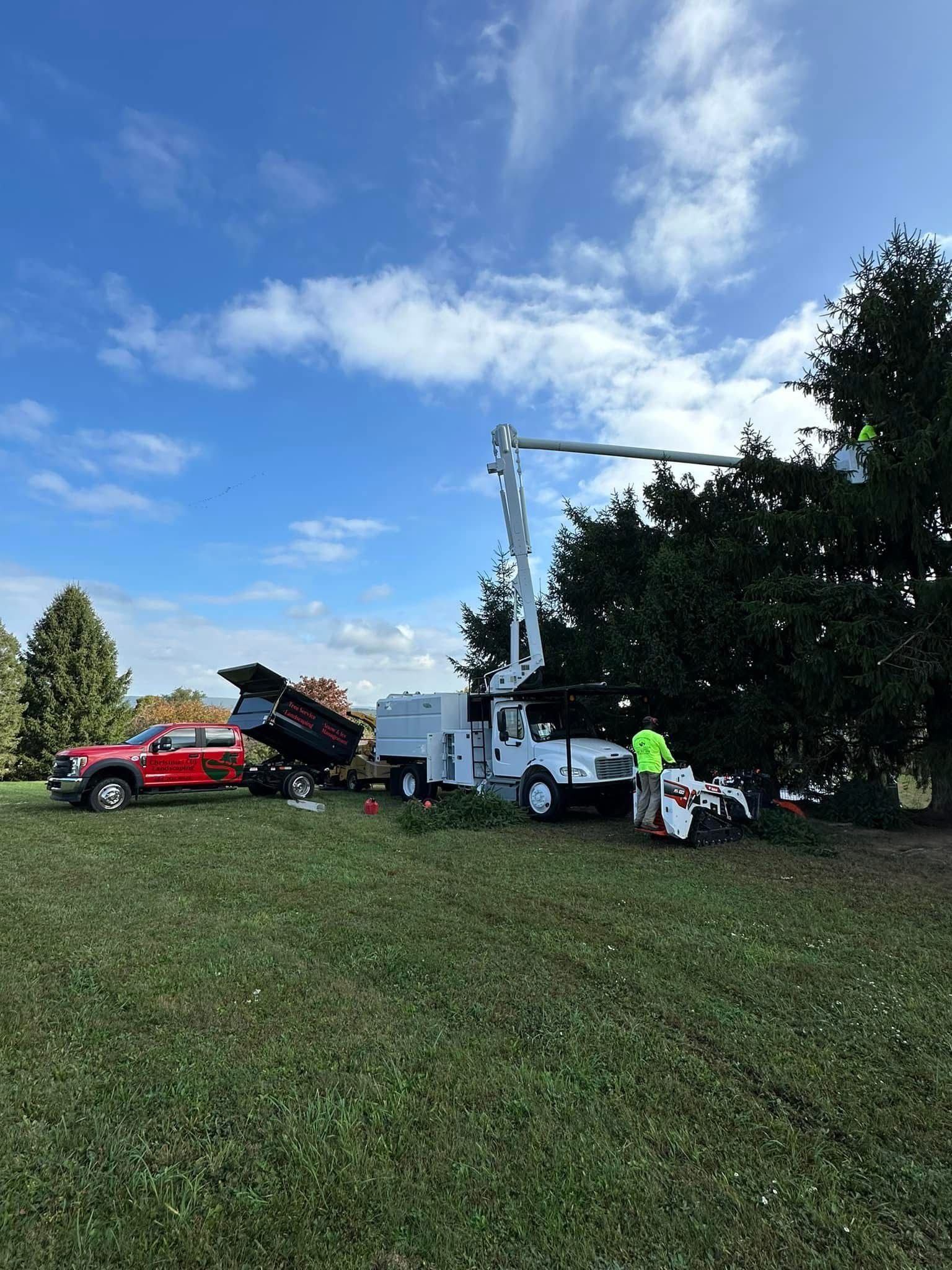 A utility truck is parked in a grassy field next to a red truck.