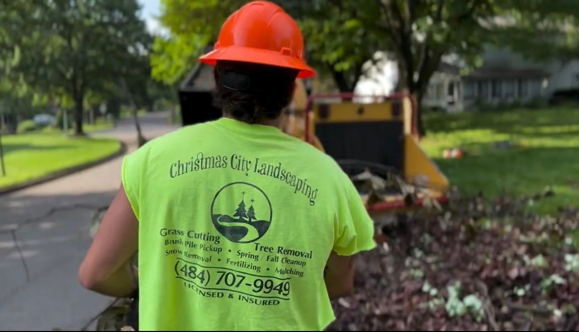 A man wearing a hard hat and a neon yellow shirt is standing in front of a tree chipper.
