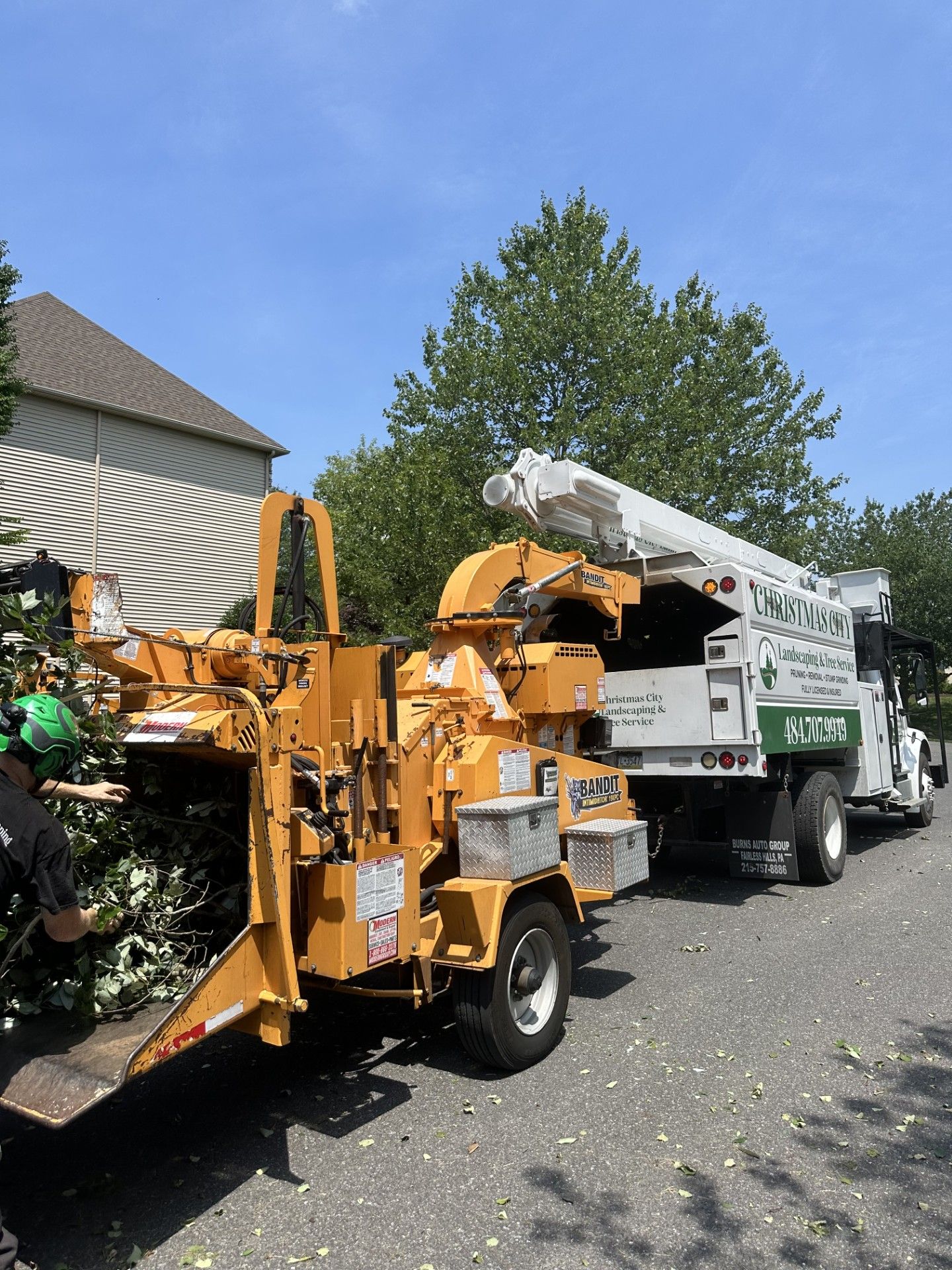 A tree service truck with a wood chipper processes branches on a sunny day next to a building.