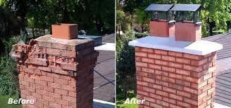 A before and after picture of a brick chimney.