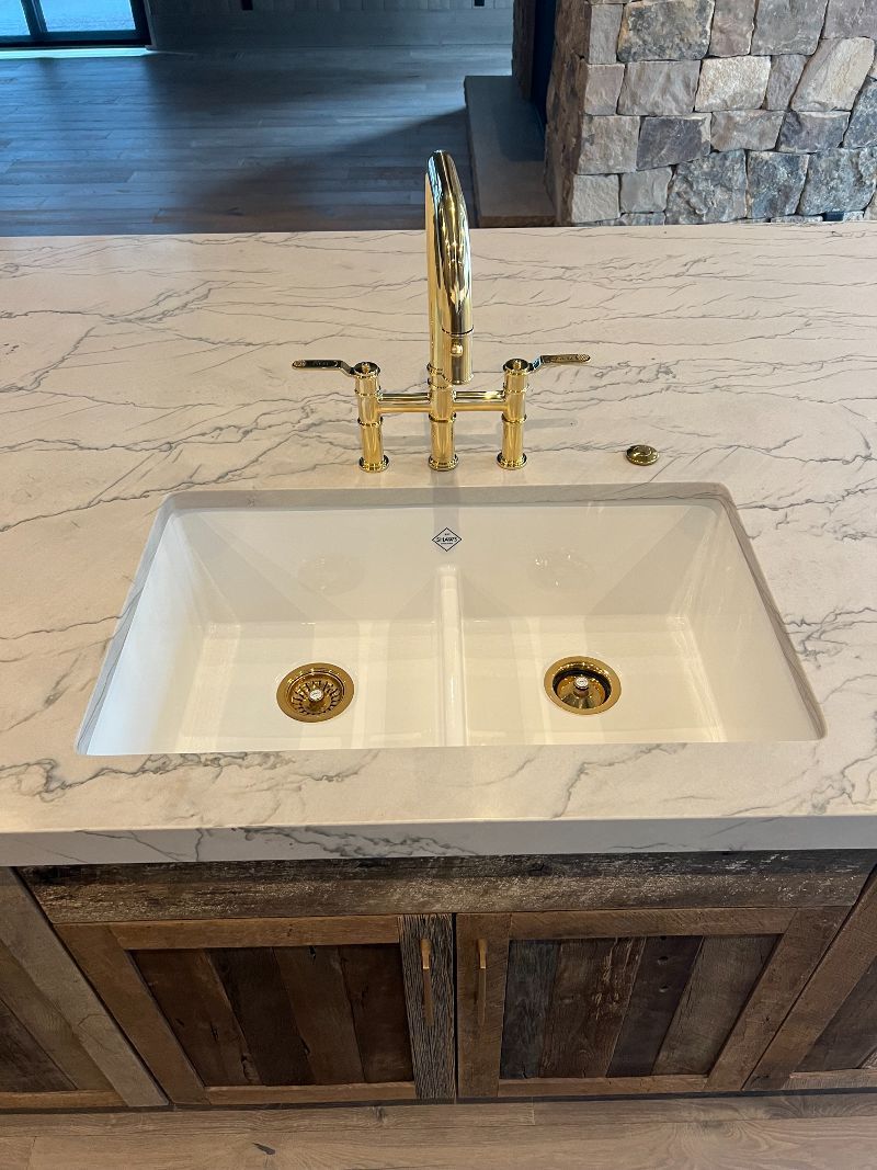 A kitchen sink with two drains and a gold faucet.