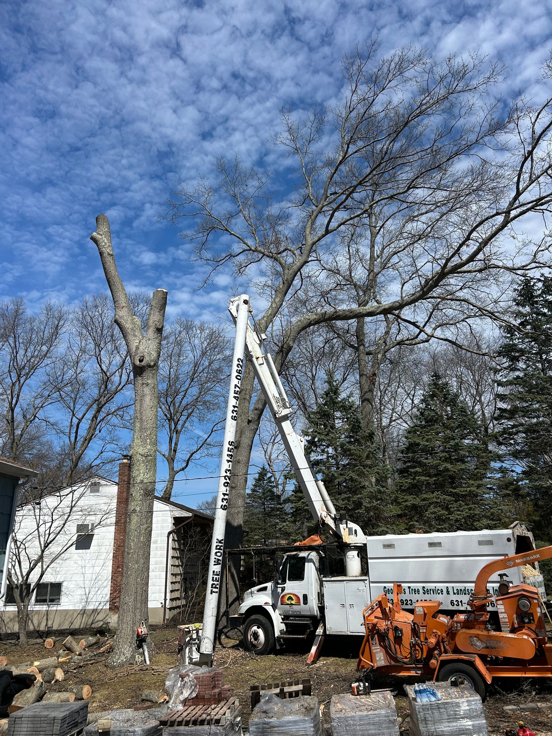 A tree cutting truck is cutting a tree in front of a house.