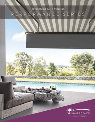 Patio with retractable awning; seating near a pool overlooking a landscape. Gray and white stripes overhead.