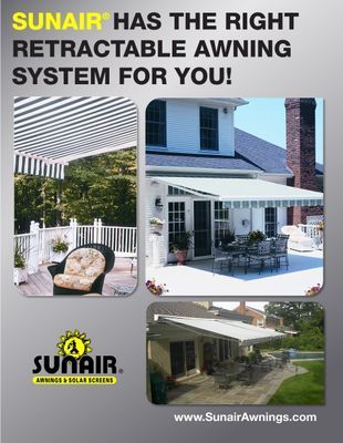 Sunair retractable awning systems showcased on decks and patios.