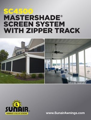 Brochure for SC4500 Mastershade screen system with zipper track. Features a house with screens and an outdoor room.