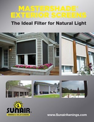 SunAir Mastershade exterior screens, filtering natural light, shown in various home settings.