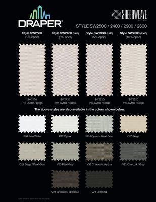 Draper SheerWeave fabric samples: Various styles and colors of sunshade materials, with a color palette display.