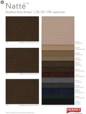 Color swatches of Natté outdoor solar screen fabrics in various shades and openness percentages.