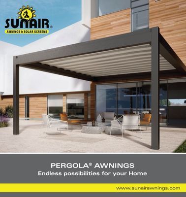 Pergola awning over a patio with outdoor furniture, logo for Sunair Awnings.