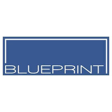 Blue rectangular logo with 