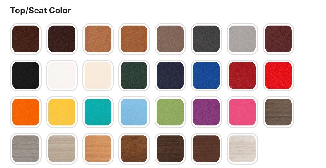 Color swatches in various shades for seat or top options.