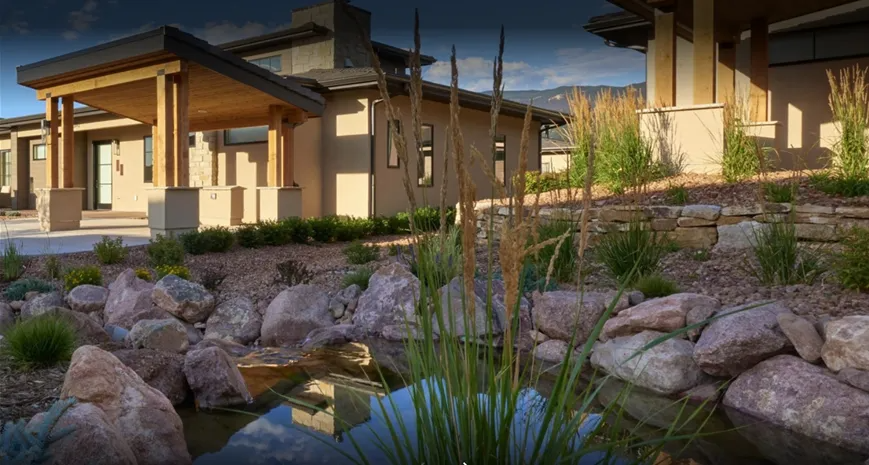 A modern house with a rock garden and pond, surrounded by landscaping.