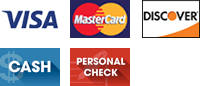 Methods of payment - Visa, MasterCard, Discover, Cash, Personal Check