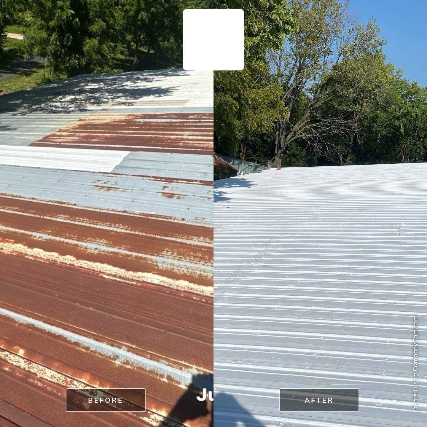 A before and after photo of a rusty roof and a white roof.