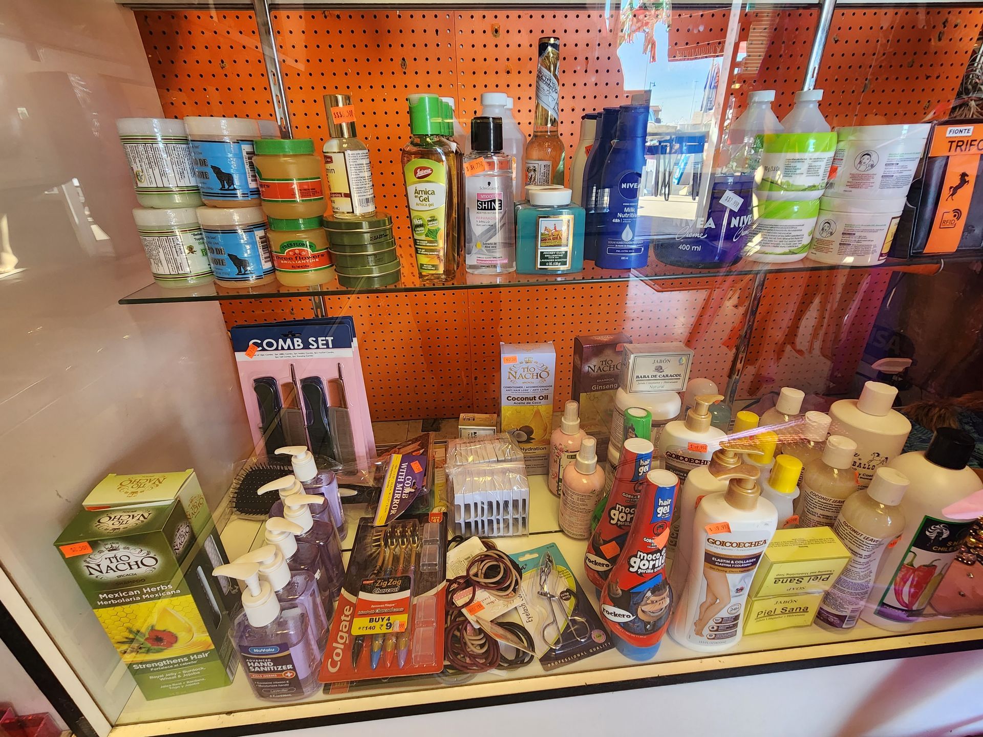 a display case filled with a variety of beauty products