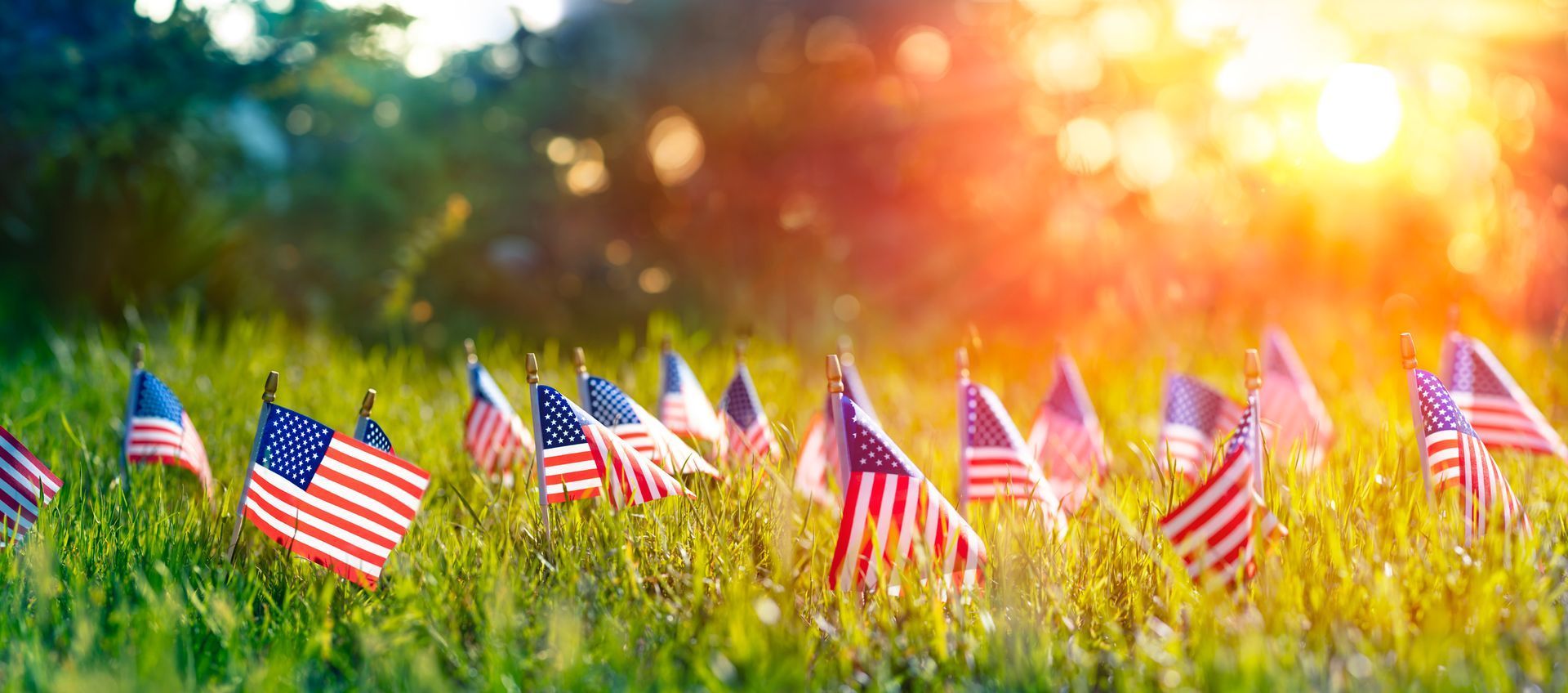Small American flags planted in green grass with a bright, colorful sunset background