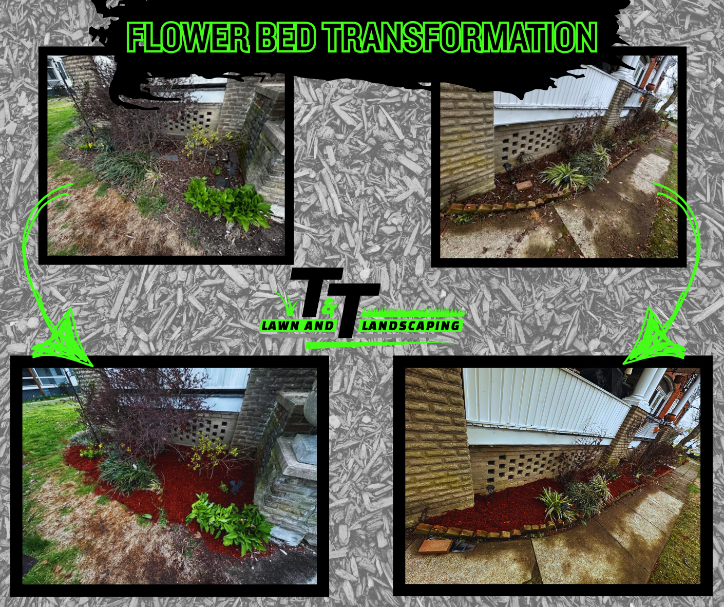 A before and after picture of a flower bed transformation
