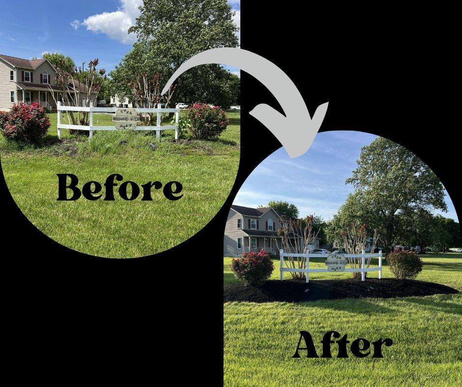 A before and after picture of a yard with a white fence