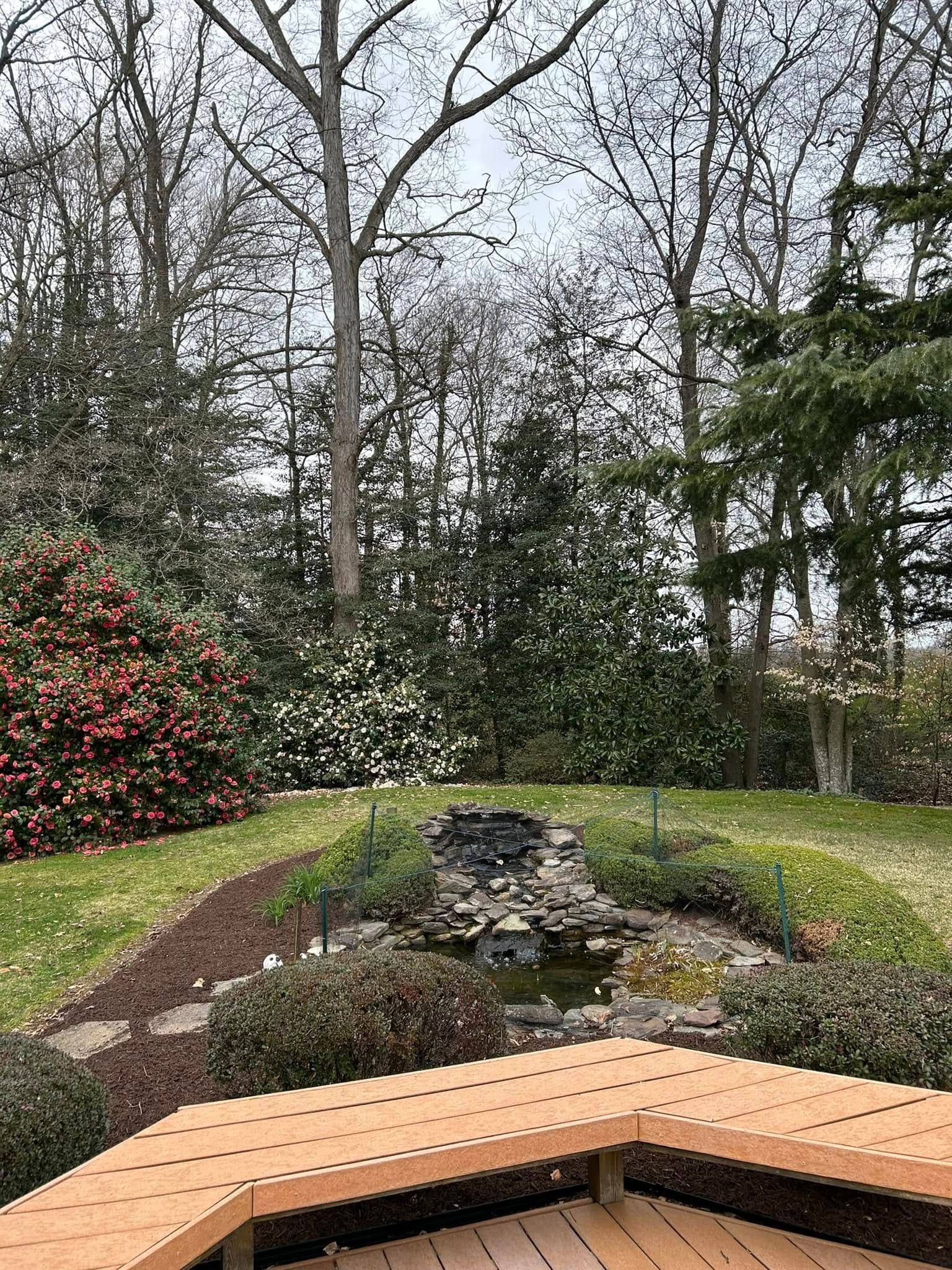 A wooden bench is sitting in the middle of a garden next to a pond.