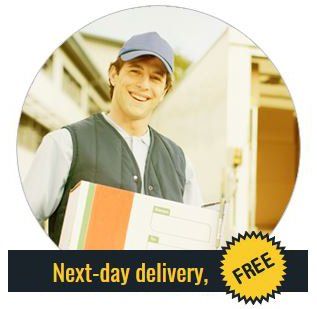 Happy delivery man holding a box