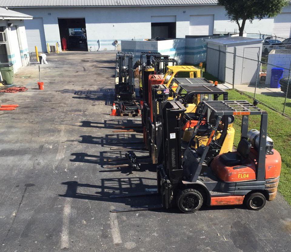 Line of forklifts
