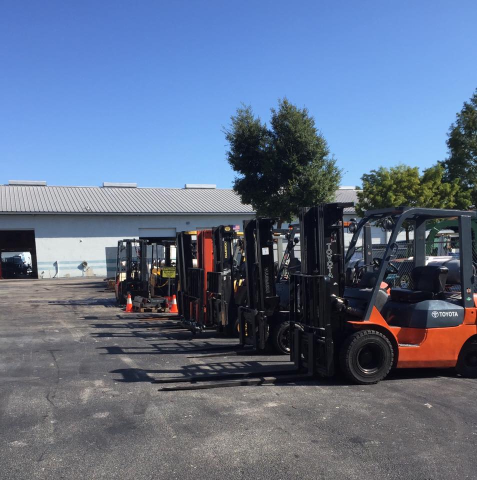 Line of forklifts