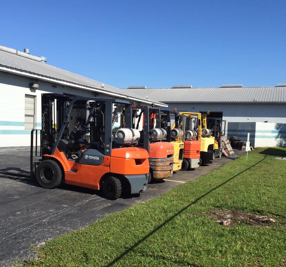 Line of forklifts