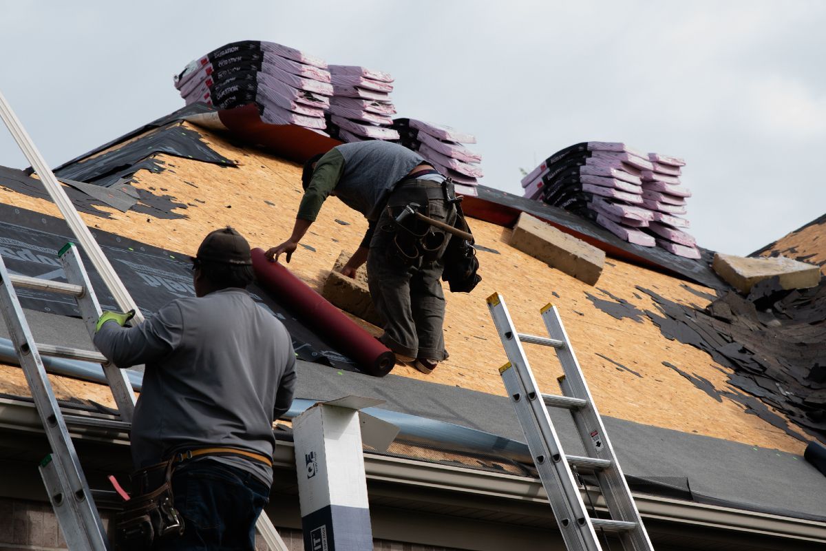 Roofers installing new shingles on a house roof; supplies and ladders present.