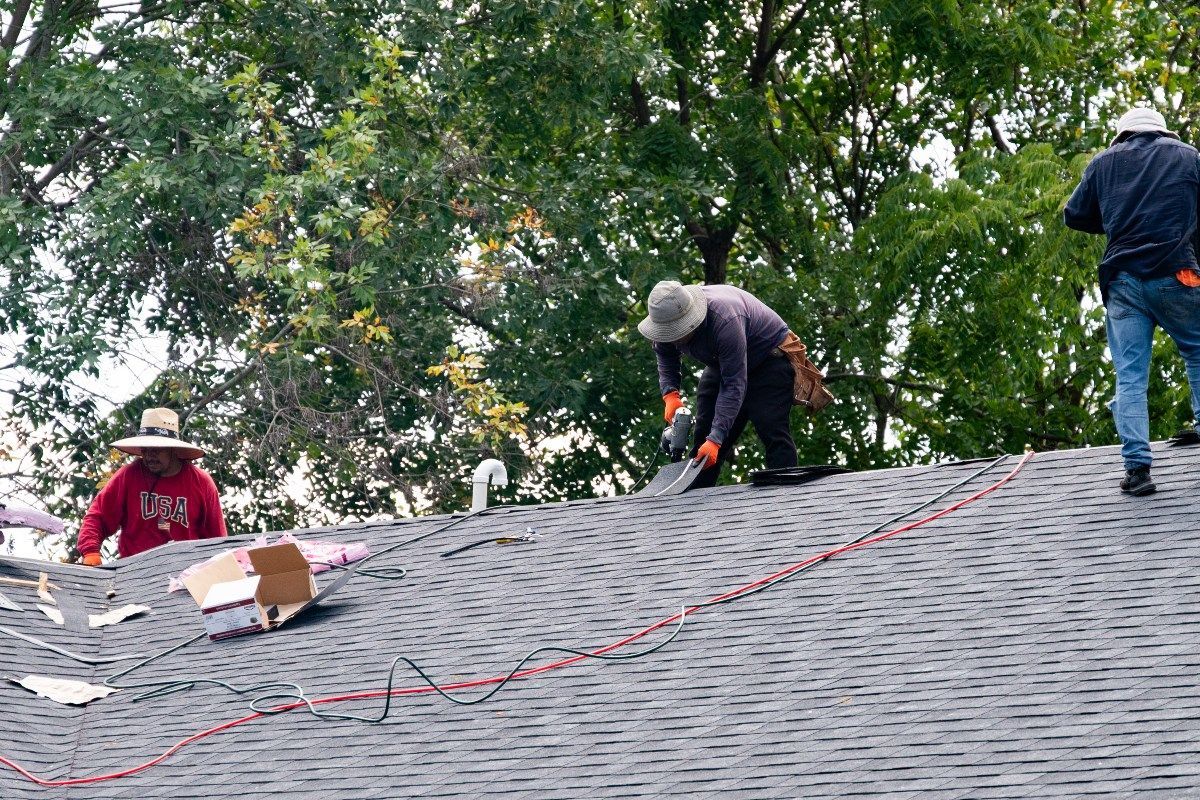 Roofers working on a dark shingle roof; trees in background. One uses a tool, others walk.