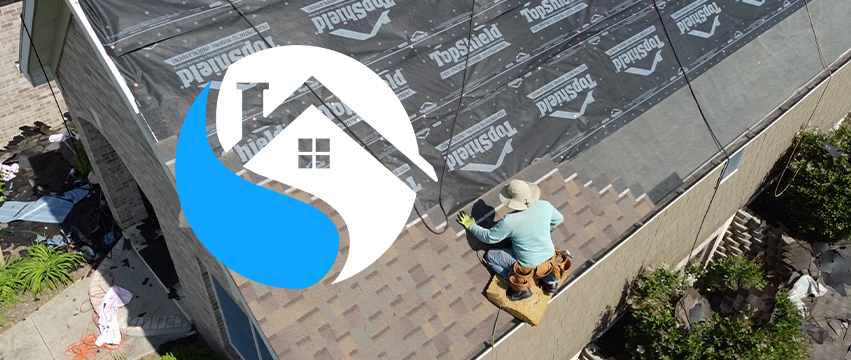 Roofer installing shingles on a house roof with a logo overlaid.