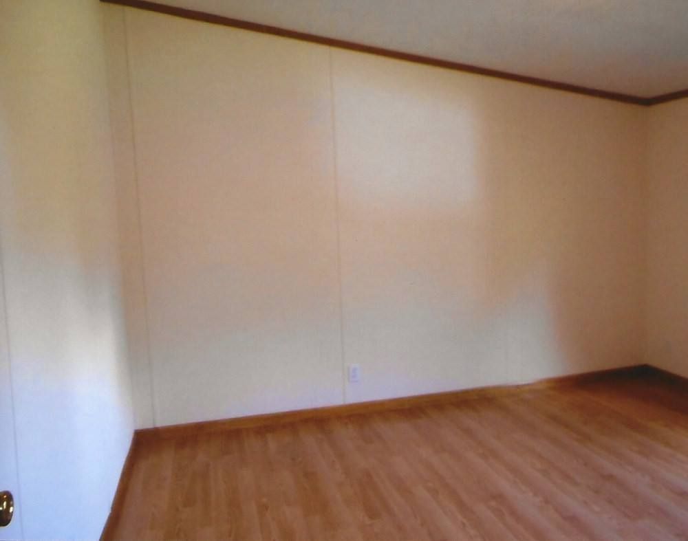 Empty room with light-colored paneled walls, wood floor, and brown trim.