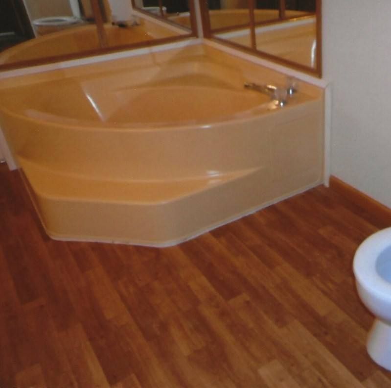 Corner bathtub with step, mirrored wall, and wood-look flooring, toilet visible.
