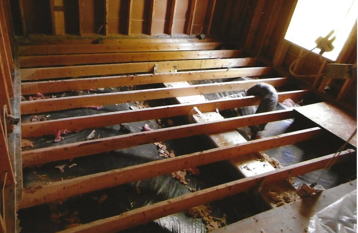 Wooden floor joists exposed in a room, with insulation visible beneath.