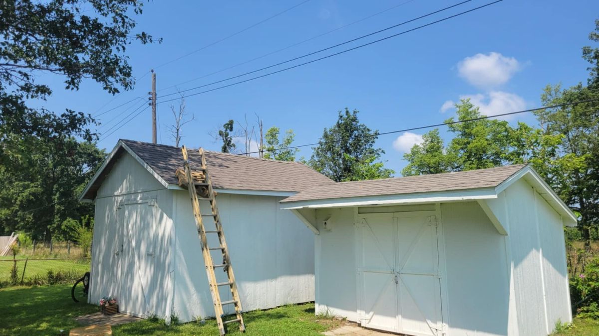 White sheds with a wooden ladder against the roof, set against a blue sky with power lines.