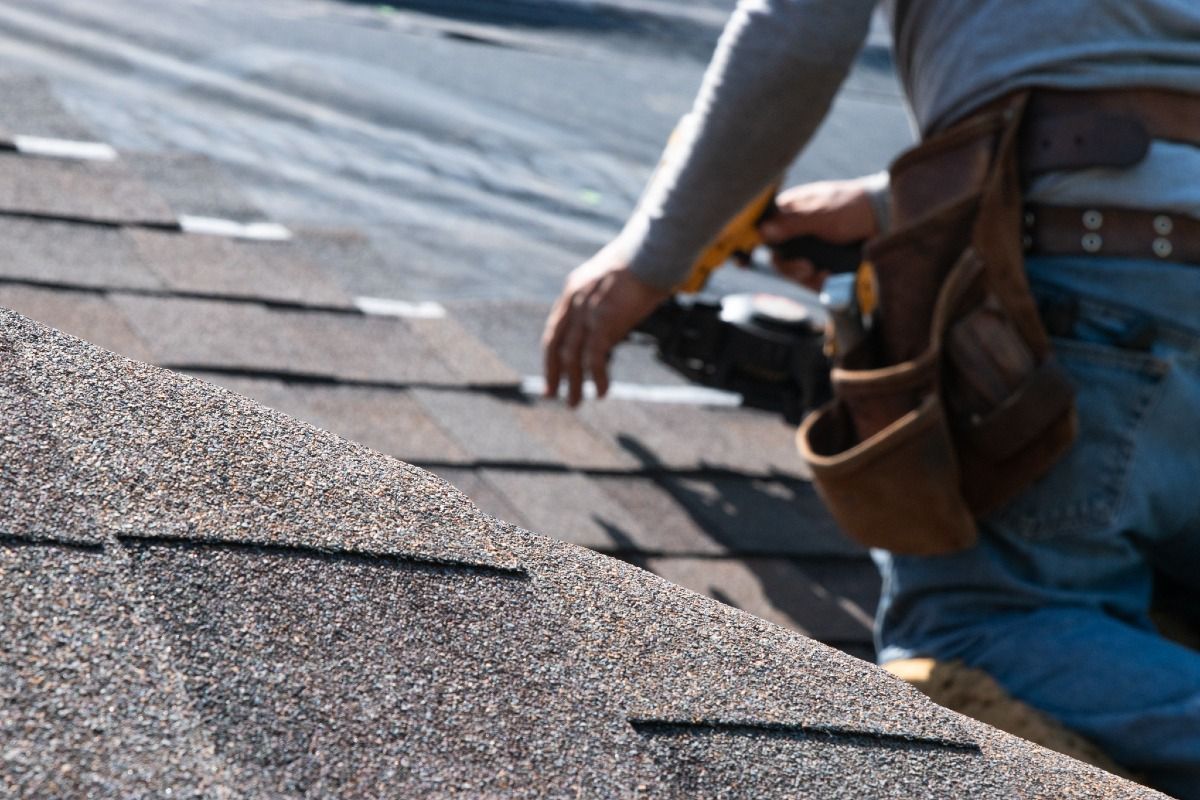 Roofer on a sloped roof, installing asphalt shingles, wearing a tool belt and using a nail gun.